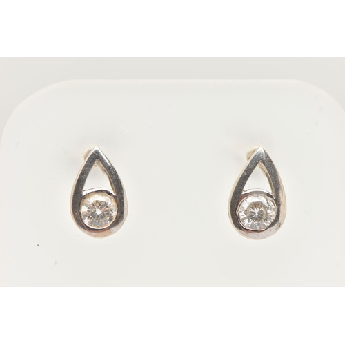 18 - A PAIR OF 18CT WHITE GOLD DIAMOND EARRINGS, each of a pear drop open work design set with a round br... 