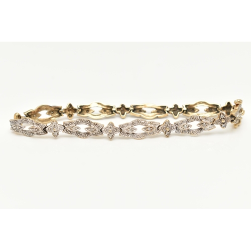 21 - A 9CT GOLD AND DIAMOND BRACELET, a line bracelet designed as floral panels with milgrain detail, gra... 