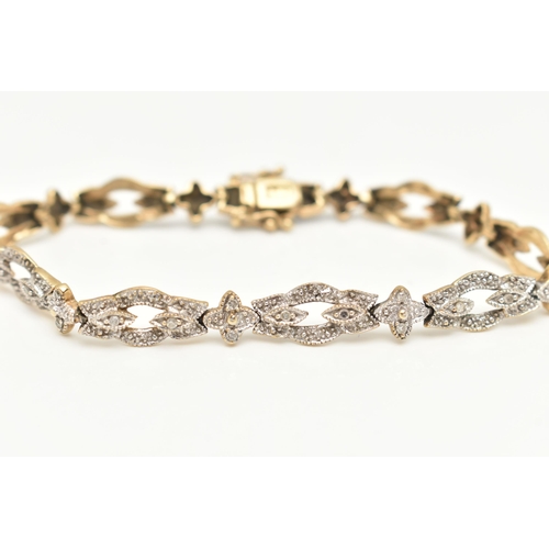 21 - A 9CT GOLD AND DIAMOND BRACELET, a line bracelet designed as floral panels with milgrain detail, gra... 