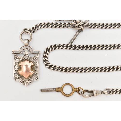 27 - A SILVER ALBERT CHAIN AND MEDAL, a curb link chain fitted with two lobster clasps and a T-bar, appro... 