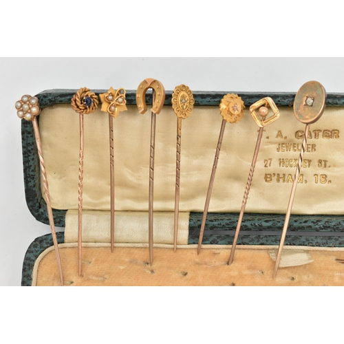 32 - A COLLECTION OF CASED VICTORIAN TO MID 20TH CENTURY STICK PINS, set with diamonds, sapphires, pearls... 