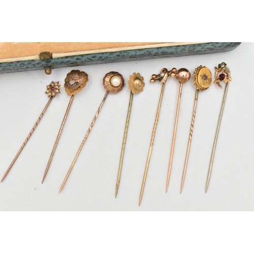 32 - A COLLECTION OF CASED VICTORIAN TO MID 20TH CENTURY STICK PINS, set with diamonds, sapphires, pearls... 