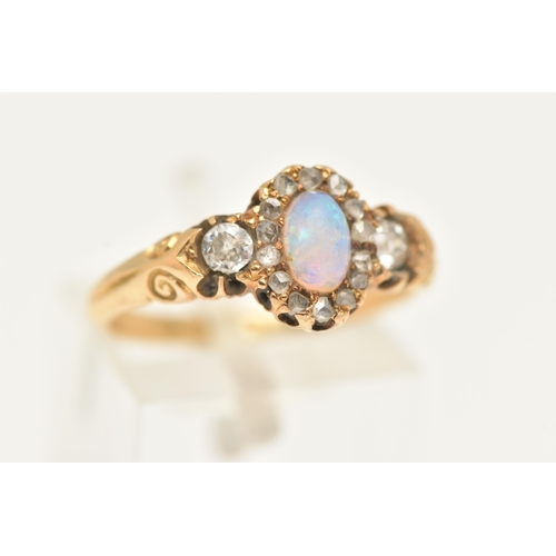 34 - A LATE VICTORIAN 18CT GOLD OPAL AND DIAMOND CLUSTER RING, of an oval form set with a central oval op... 