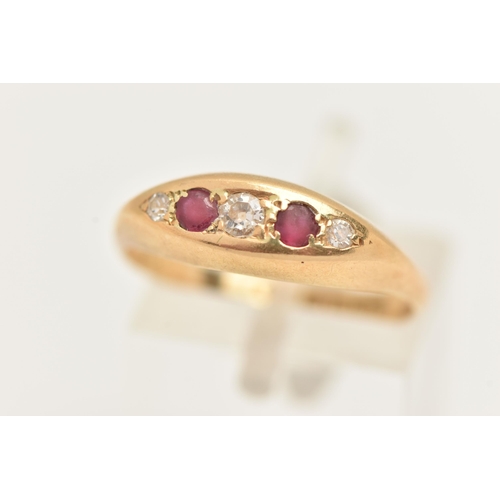 36 - AN 18CT GOLD RUBY AND DIAMOND BOAT RING, set with three old cut diamonds interspaced with two circul... 