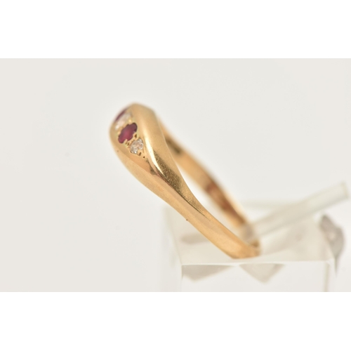 36 - AN 18CT GOLD RUBY AND DIAMOND BOAT RING, set with three old cut diamonds interspaced with two circul... 