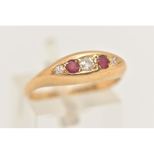 36 - AN 18CT GOLD RUBY AND DIAMOND BOAT RING, set with three old cut diamonds interspaced with two circul... 