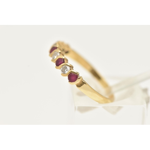 39 - AN 18CT GOLD RUBY AND DIAMOND HALF ETERNITY RING, set with a row of five circular cut rubies intersp... 