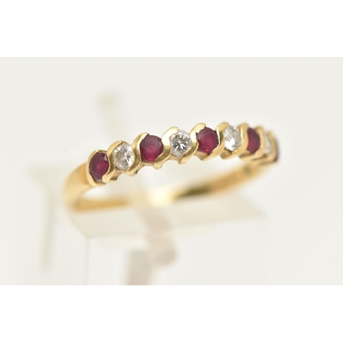 39 - AN 18CT GOLD RUBY AND DIAMOND HALF ETERNITY RING, set with a row of five circular cut rubies intersp... 