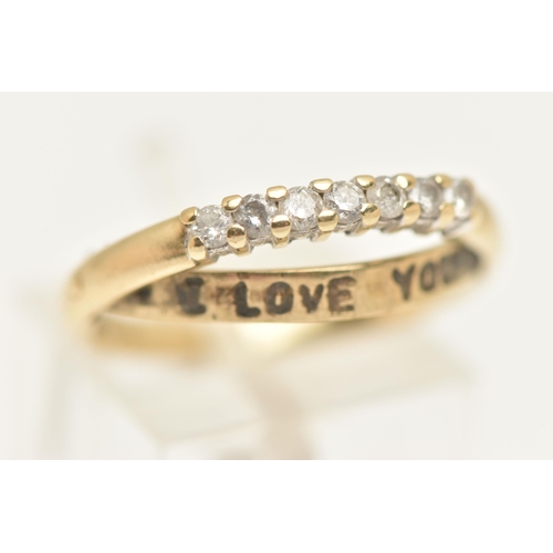 40 - A 9CT GOLD DIAMOND 'I LOVE YOU' RING, set with a row of seven round brilliant cut diamonds, shared c... 