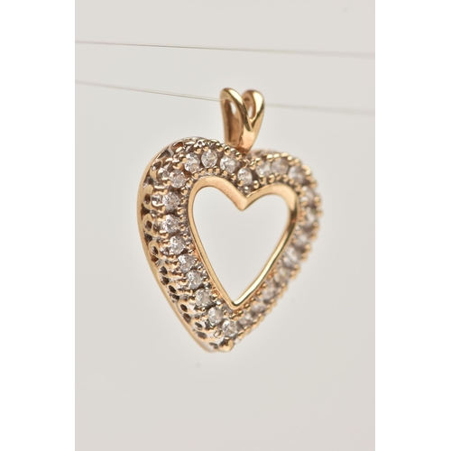 41 - A 9CT GOLD HEART PENDANT, open work heart set with colourless cubic zirconia, fitted with a split V ... 