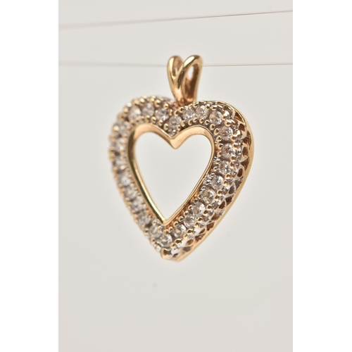 41 - A 9CT GOLD HEART PENDANT, open work heart set with colourless cubic zirconia, fitted with a split V ... 