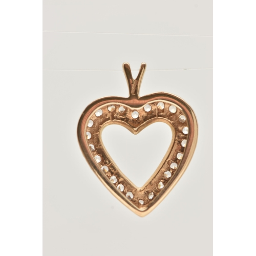 41 - A 9CT GOLD HEART PENDANT, open work heart set with colourless cubic zirconia, fitted with a split V ... 