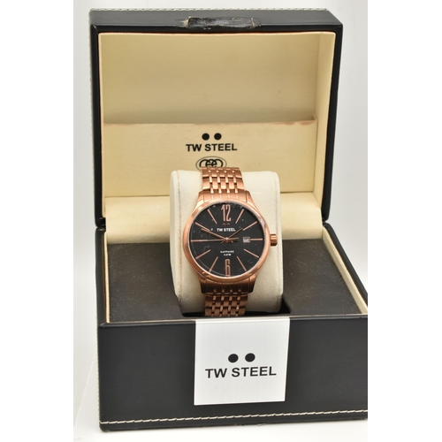 46 - A BOXED GENTS 'TW STEEL' WRISTWATCH, quartz movement, round black dial with Arabic numeral twelve an... 