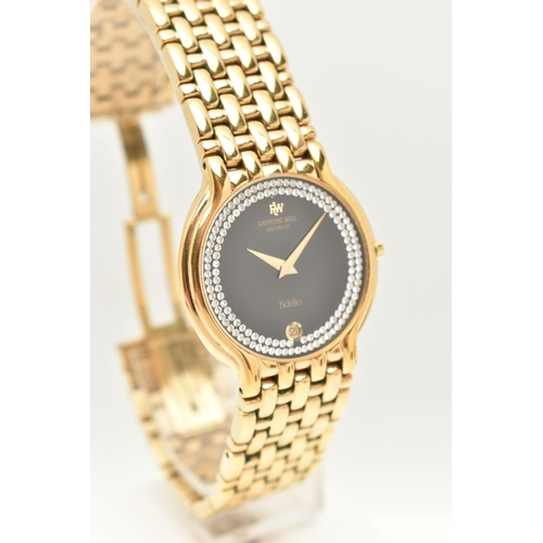 55 - A LADIES GOLD PLATED 'RAYMOND WEIL' WRISTWATCH, quartz movement, round black paste set dial signed '... 