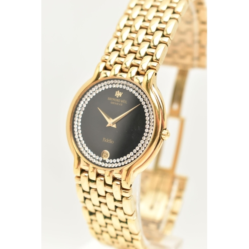 55 - A LADIES GOLD PLATED 'RAYMOND WEIL' WRISTWATCH, quartz movement, round black paste set dial signed '... 