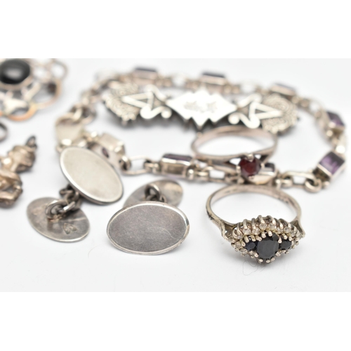 57 - AN ASSORTMENT OF SILVER AND WHITE METAL JEWELLERY, to include a pair of silver oval chain link cuffl... 