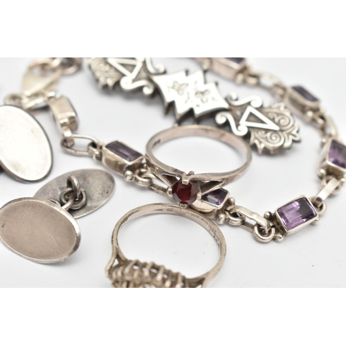 57 - AN ASSORTMENT OF SILVER AND WHITE METAL JEWELLERY, to include a pair of silver oval chain link cuffl... 