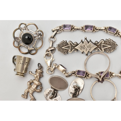 57 - AN ASSORTMENT OF SILVER AND WHITE METAL JEWELLERY, to include a pair of silver oval chain link cuffl... 