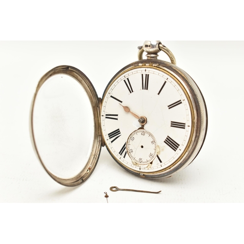 59 - A SILVER OPEN FACE POCKET WATCH, key wound, round white Roman numeral dial, subsidiary dial at the s... 