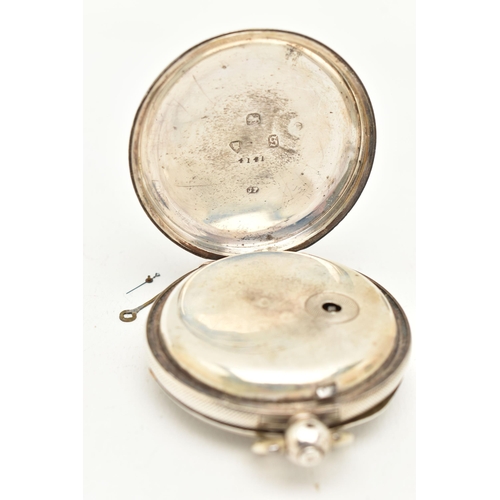 59 - A SILVER OPEN FACE POCKET WATCH, key wound, round white Roman numeral dial, subsidiary dial at the s... 