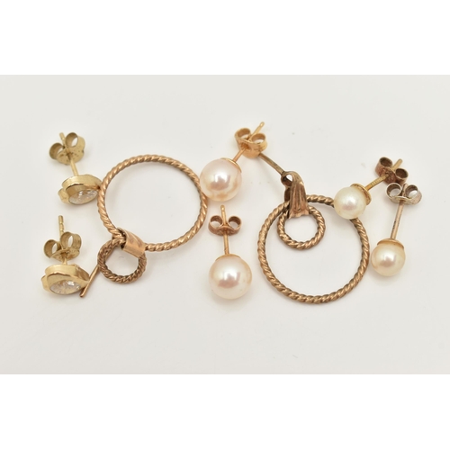 6 - AN ASSORTMENT OF EARRINGS, to include a pair of yellow gold small door knocker style earrings, a pai... 