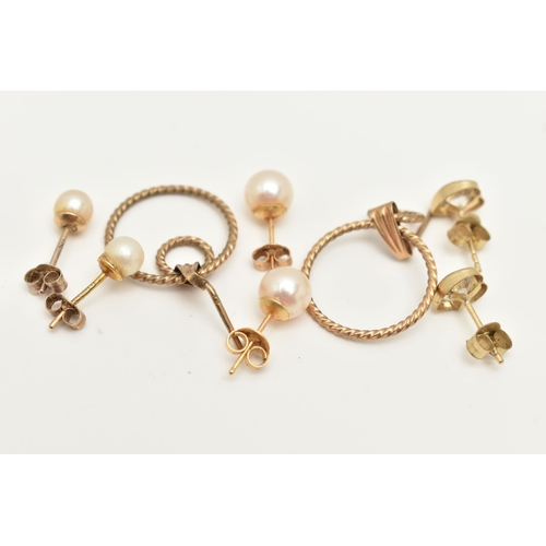 6 - AN ASSORTMENT OF EARRINGS, to include a pair of yellow gold small door knocker style earrings, a pai... 