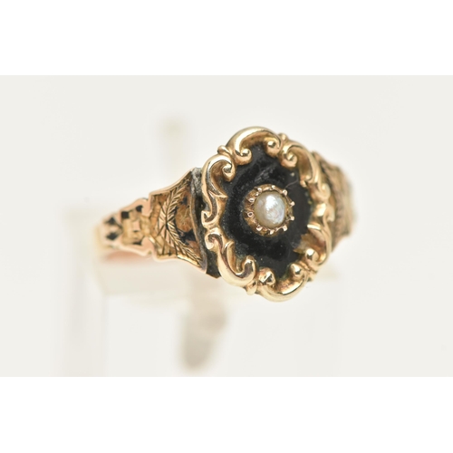 65 - A YELLOW METAL RING, a 19th century mourning ring set with a single seed pearl, unmarked, ring size ... 