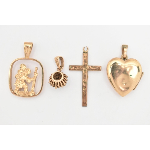 8 - FOUR 9CT GOLD PENDANTS, the first a yellow gold open work St Christoper pendant, the second a yellow... 