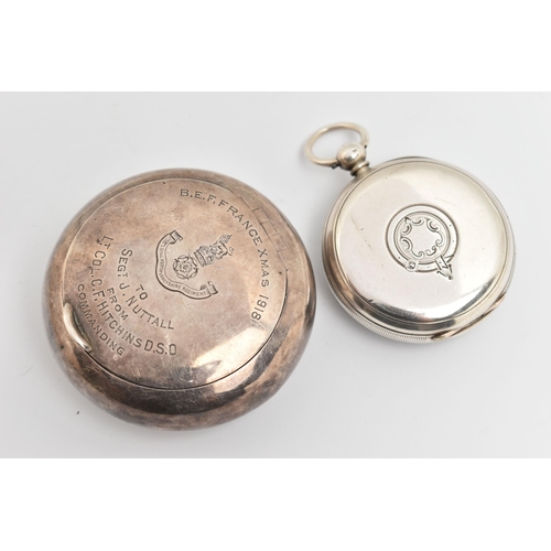 102 - A SILVER MILITARY SNUFF BOX AND A SILVER OPEN FACE POCKET WATCH, the snuff box of a polished circula... 