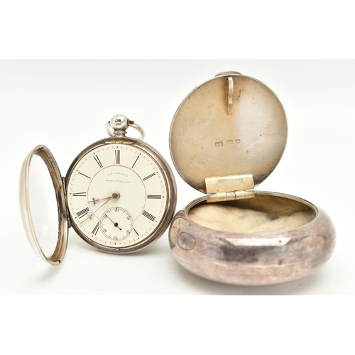 102 - A SILVER MILITARY SNUFF BOX AND A SILVER OPEN FACE POCKET WATCH, the snuff box of a polished circula... 