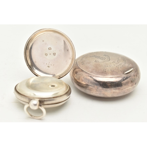 102 - A SILVER MILITARY SNUFF BOX AND A SILVER OPEN FACE POCKET WATCH, the snuff box of a polished circula... 