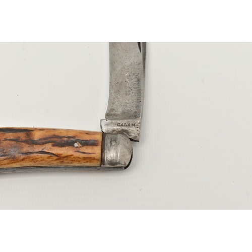 105 - A CALAM FLAT CAP PRUNNING KNIFE, fitted with an antler handle, blade signed 'Calam', approximate ope... 