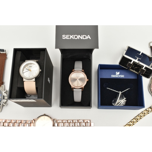 111 - AN ASSORTMENT OF WRISTWATCHES AND A NECKLACE, ten wristwatches, names to include Sekonda, Braun, Sha... 