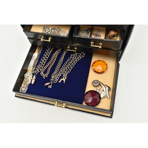 113 - A MULTI STORAGE JEWELLERY BOX WITH CONTENTS, to include a white metal gate bracelet missing clasp, s... 