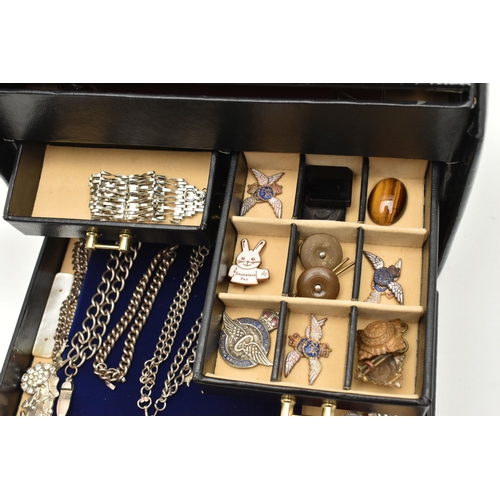 113 - A MULTI STORAGE JEWELLERY BOX WITH CONTENTS, to include a white metal gate bracelet missing clasp, s... 