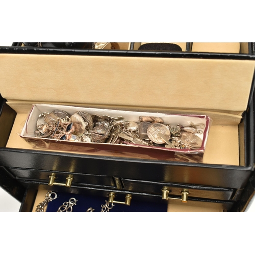 113 - A MULTI STORAGE JEWELLERY BOX WITH CONTENTS, to include a white metal gate bracelet missing clasp, s... 