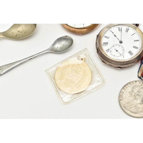 114 - A BOX OF ASSORTED ITEMS, to include a silver key wound, open face pocket watch, white Roman numeral ... 