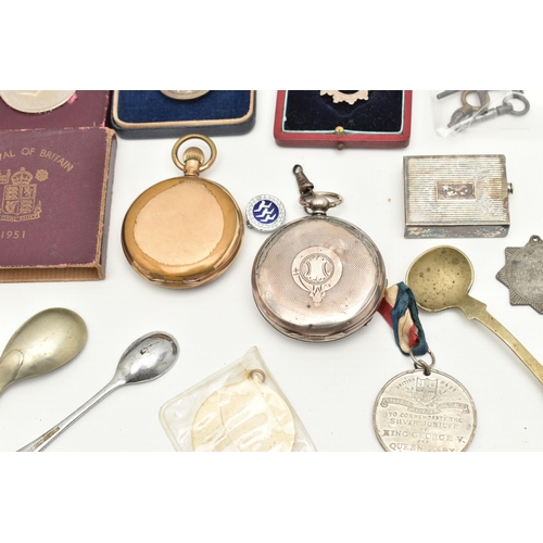 114 - A BOX OF ASSORTED ITEMS, to include a silver key wound, open face pocket watch, white Roman numeral ... 