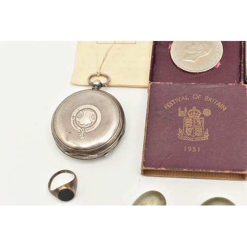 114 - A BOX OF ASSORTED ITEMS, to include a silver key wound, open face pocket watch, white Roman numeral ... 