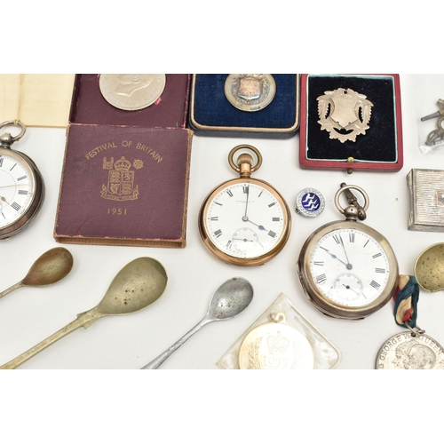 114 - A BOX OF ASSORTED ITEMS, to include a silver key wound, open face pocket watch, white Roman numeral ... 