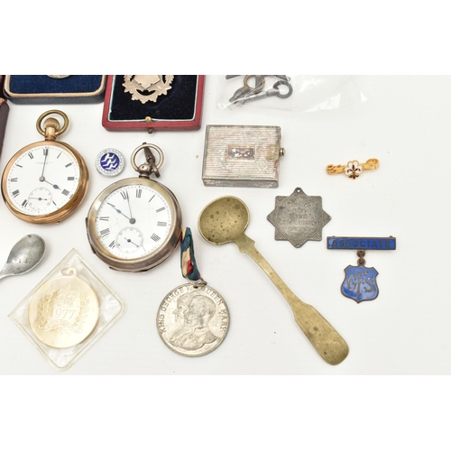 114 - A BOX OF ASSORTED ITEMS, to include a silver key wound, open face pocket watch, white Roman numeral ... 