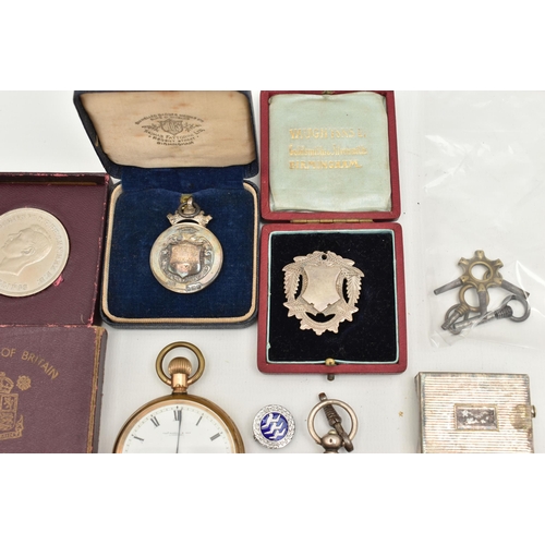 114 - A BOX OF ASSORTED ITEMS, to include a silver key wound, open face pocket watch, white Roman numeral ... 