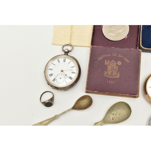 114 - A BOX OF ASSORTED ITEMS, to include a silver key wound, open face pocket watch, white Roman numeral ... 