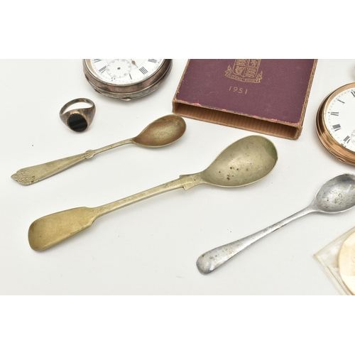 114 - A BOX OF ASSORTED ITEMS, to include a silver key wound, open face pocket watch, white Roman numeral ... 