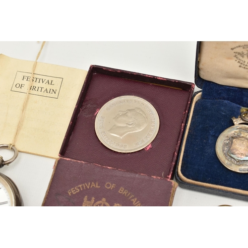 114 - A BOX OF ASSORTED ITEMS, to include a silver key wound, open face pocket watch, white Roman numeral ... 