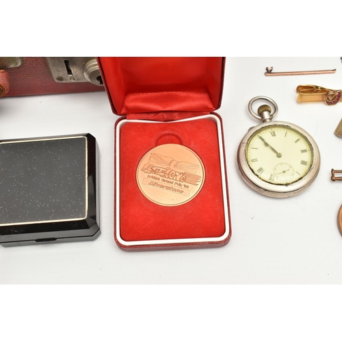 116 - A BOX OF ASSORTED ITEMS, to include a pair of silver chain linked cufflinks, hallmarked Birmingham, ... 