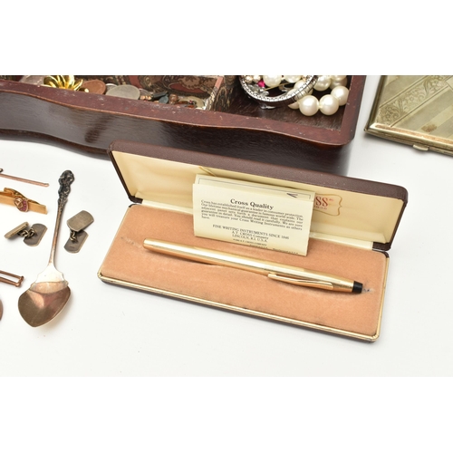 116 - A BOX OF ASSORTED ITEMS, to include a pair of silver chain linked cufflinks, hallmarked Birmingham, ... 