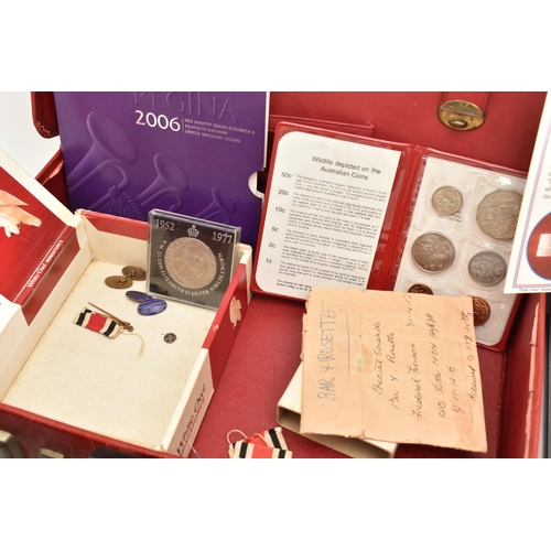 116 - A BOX OF ASSORTED ITEMS, to include a pair of silver chain linked cufflinks, hallmarked Birmingham, ... 