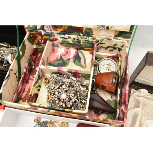 117 - A BOX OF ASSORTED ITEMS, to include two jewellery boxes of costume jewellery and watches, including ... 