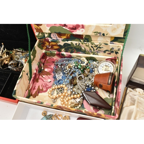 117 - A BOX OF ASSORTED ITEMS, to include two jewellery boxes of costume jewellery and watches, including ... 